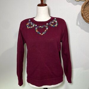 Vintage Embroidered Hearts Sweater Burgundy Wine Grannycore Size Medium